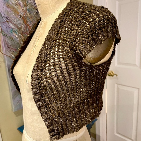 Mandee Cropped Knitted Cup/Slv Bolero-Shrug Cardigan |Brown/Gold |Acrylic/Lurex - Picture 1 of 9